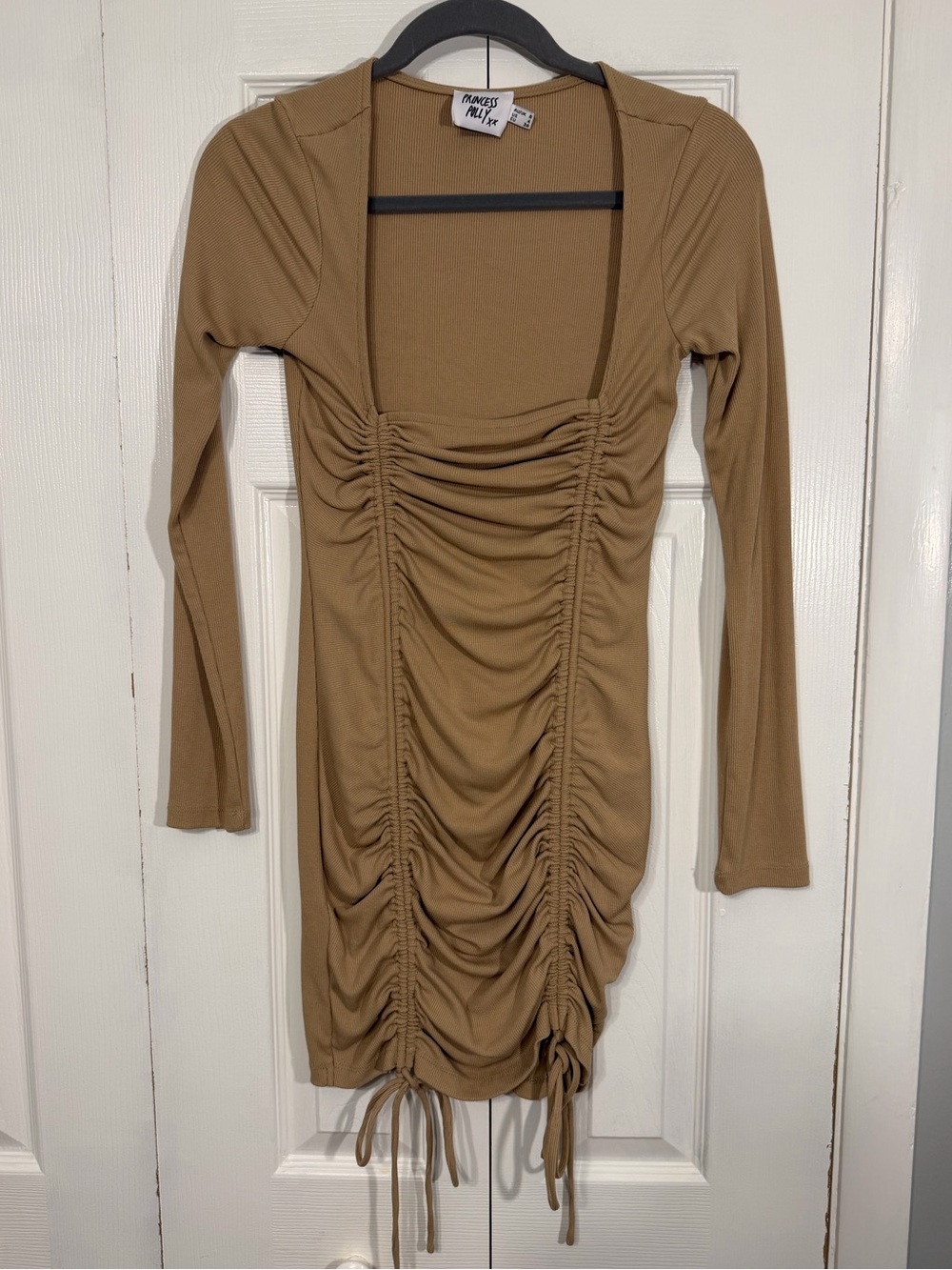 Princess Polly Ruched Drawstring Long Sleeve Mini Dress US 4 Brow